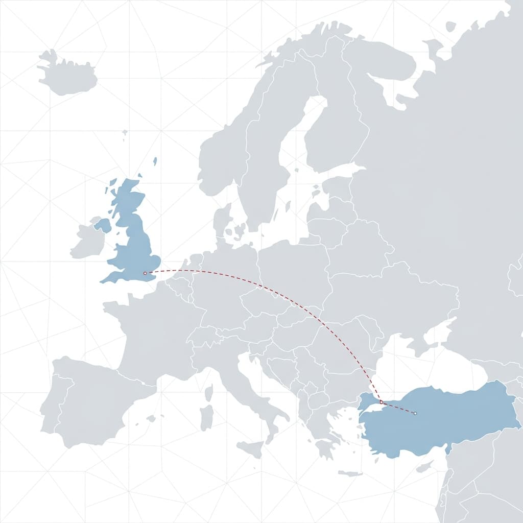 Flight route map between the UK and Turkey, symbolising the patient travel journey
