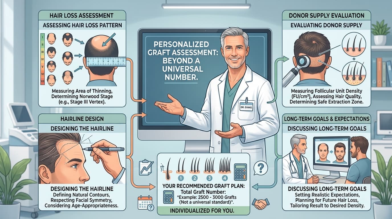 Doctor assessing hair transplant graft requirements and hairline