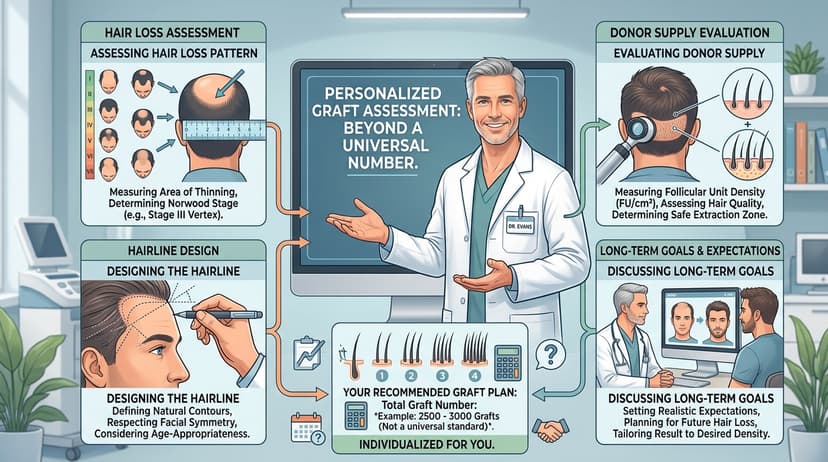 Doctor assessing hair transplant graft requirements and hairline